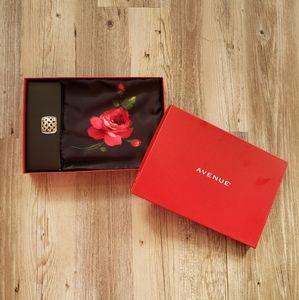 NWT Avenue Black Rose Scarf and Silver Tone Brooch